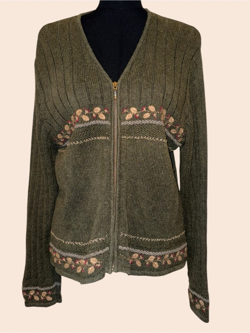 Woolrich Olive Green Zip-Front Floral Embroidered Cardigan